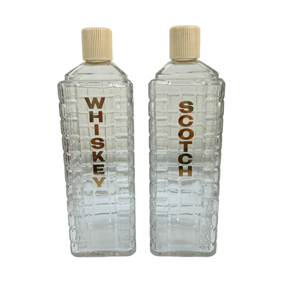 Vintage MCM Mid-Century KAROFF Whiskey & Scotch Clear Glass Barware Bottles